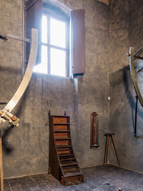 Meridian instruments inside Astronomical Tower's Meridian Hall, Prague.