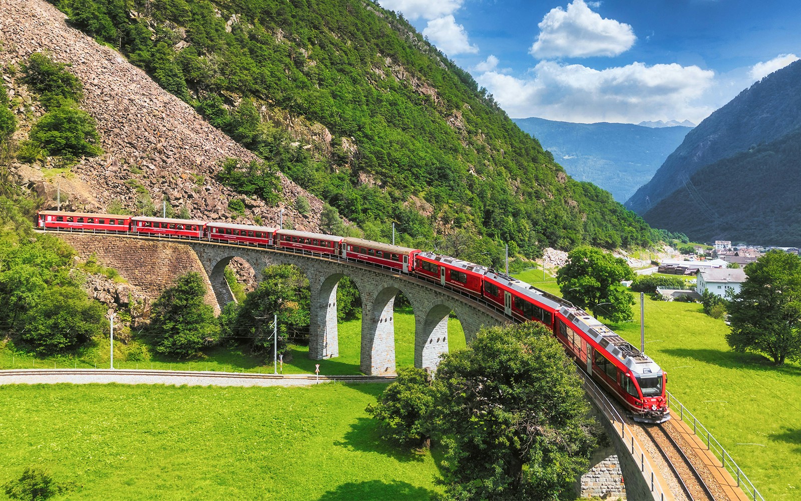 Aerial view of spiral viaduct of Rhaetian Railway, Grisons canton, Switzerland