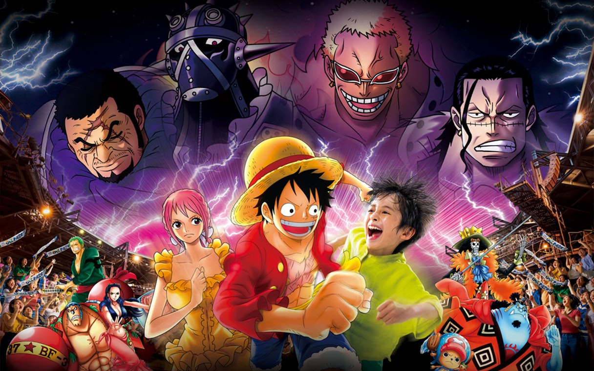 Characters from One Piece with a child at Universal Studios Japan NO LIMIT! Countdown 2025 event.