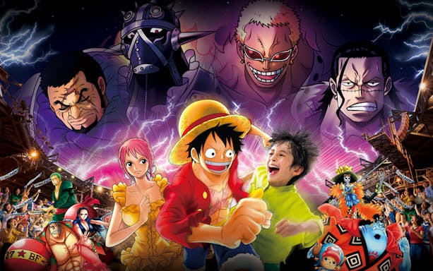 Characters from One Piece with a child at Universal Studios Japan NO LIMIT! Countdown 2025 event.