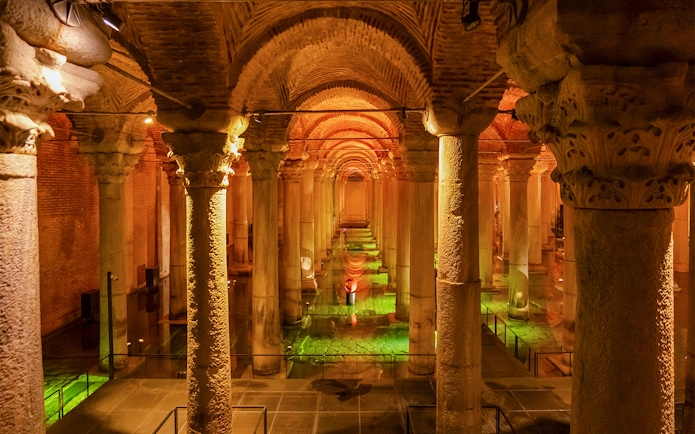 Illuminated columns in the underground Basilica Cistern, Istanbul.