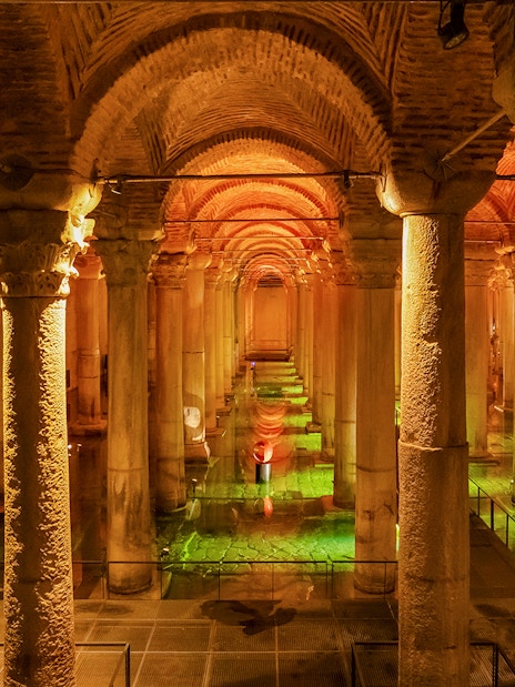 Illuminated columns in the underground Basilica Cistern, Istanbul.