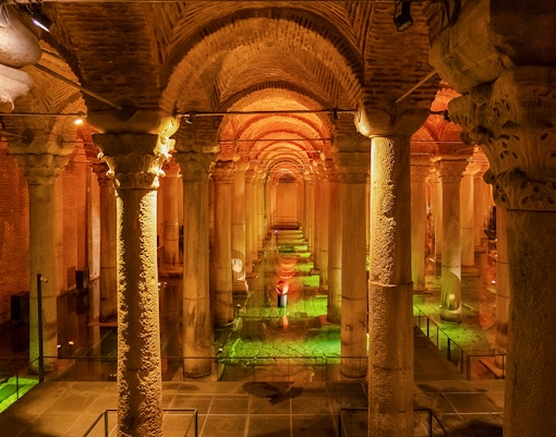 Illuminated columns in the underground Basilica Cistern, Istanbul.