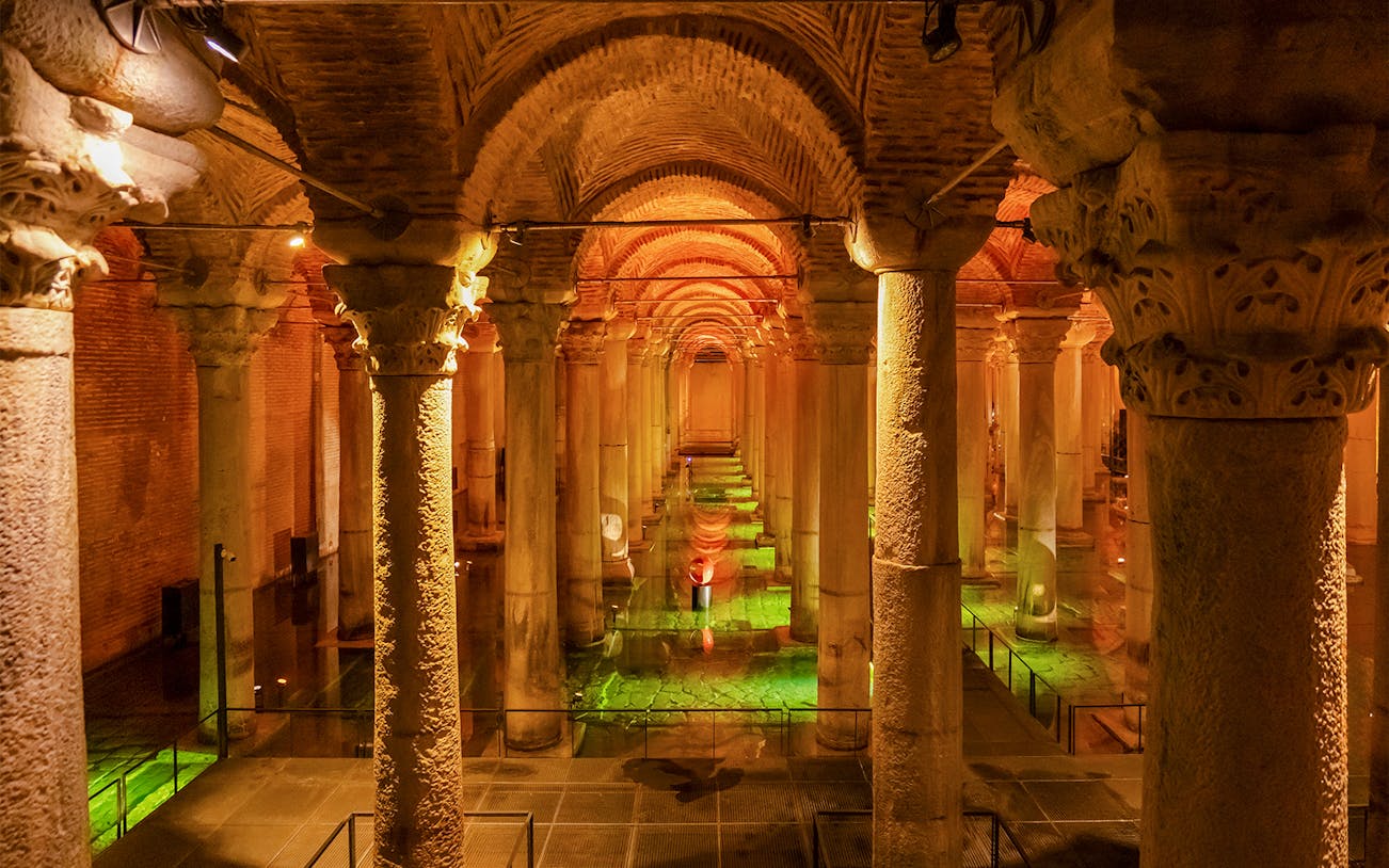Illuminated columns in the underground Basilica Cistern, Istanbul.