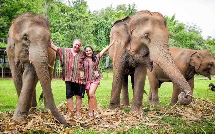 Tourists with elephants at Elephant Jungle Sanctuary, Chiang Mai.