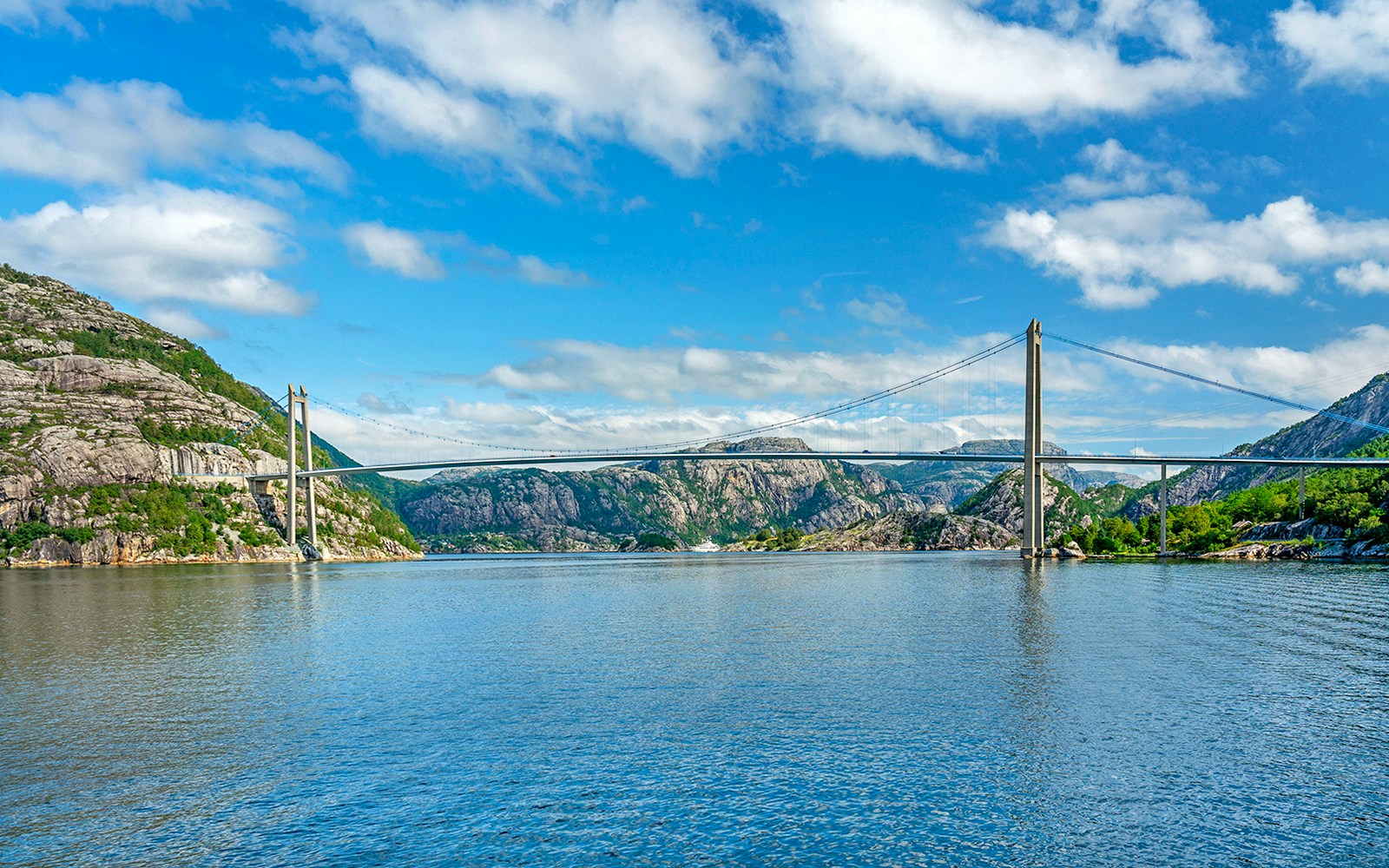 Lysefjord bridge spanning over the fjord with rocky cliffs in Norway.