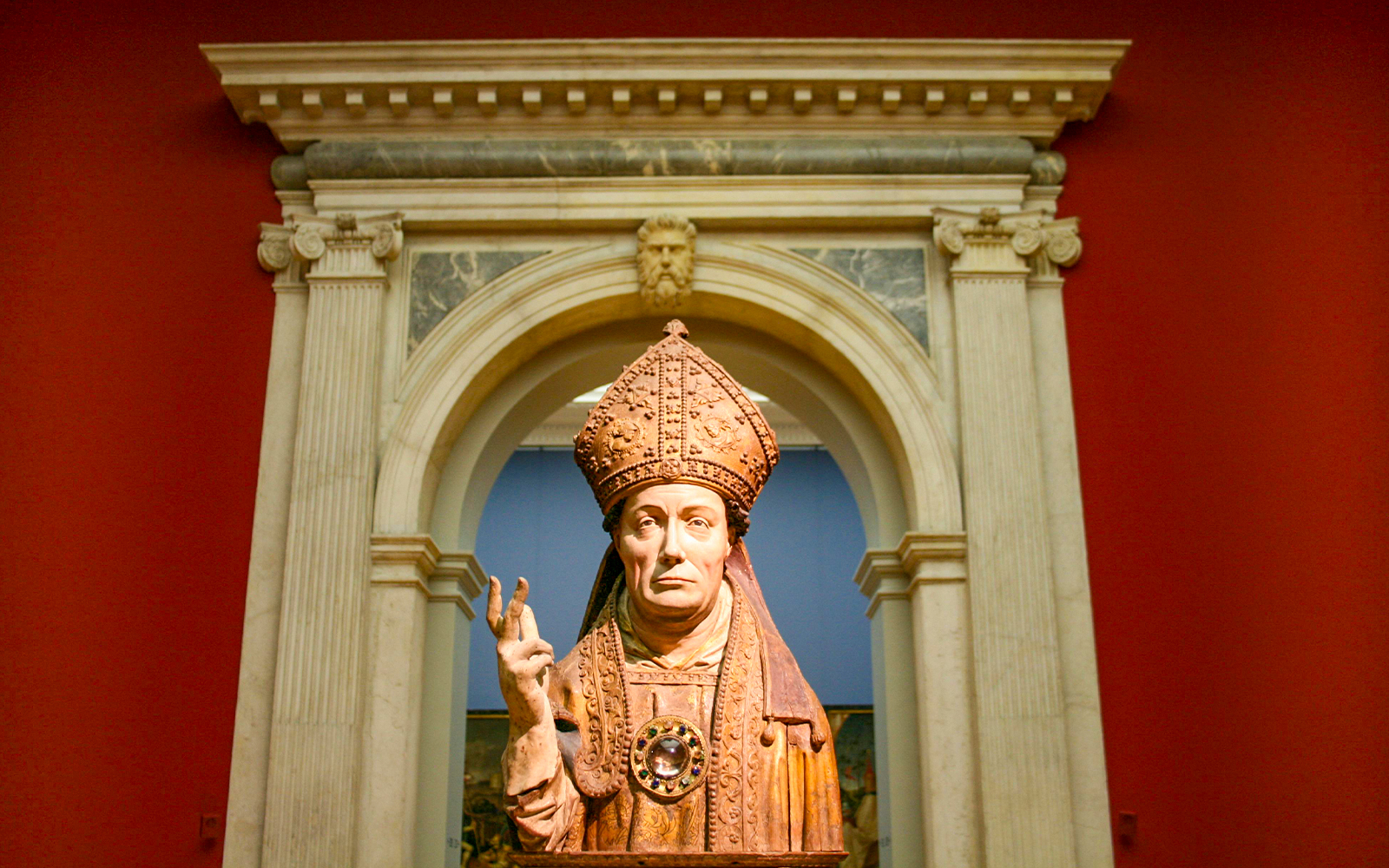 wooden sculpture of a bishop in ornate robes, Bode Museum Berlin