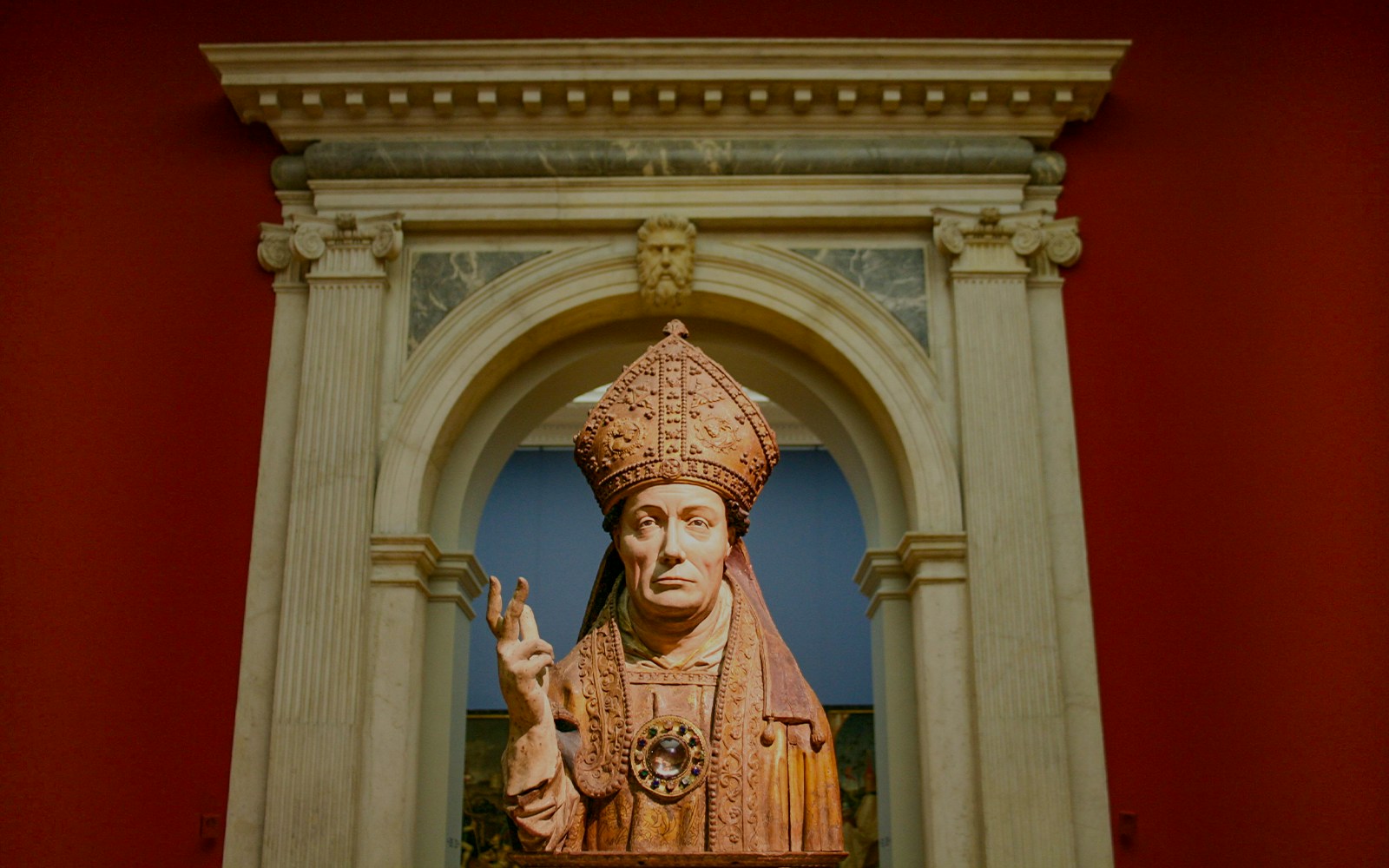wooden sculpture of a bishop in ornate robes, Bode Museum Berlin