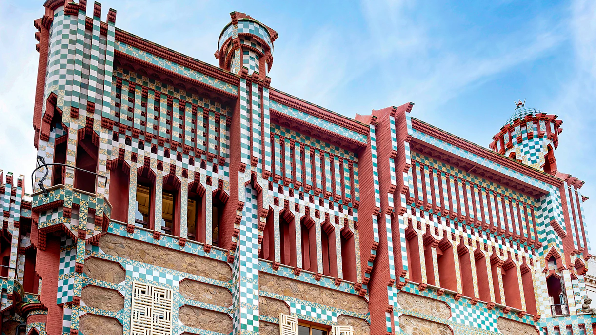 Casa Vicens facade with colorful tiles and unique architectural details in Barcelona.