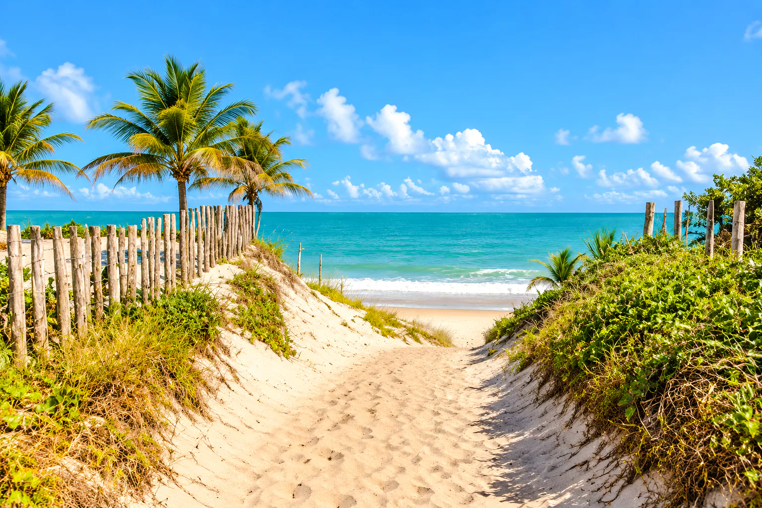 Sandy path leading to Caraíva beach with palm trees and ocean view, Porto Seguro.