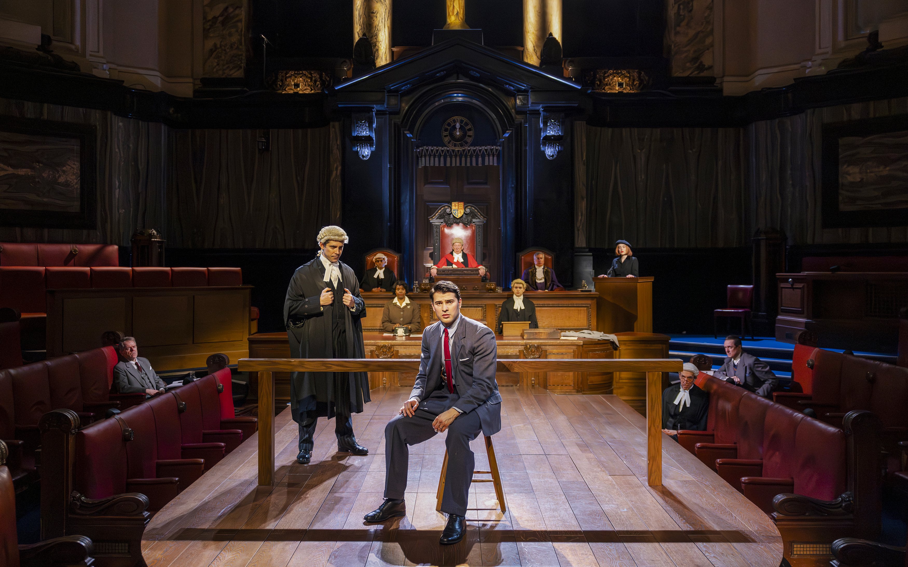 Cast of "Witness for the Prosecution" in courtroom scene, West End show.