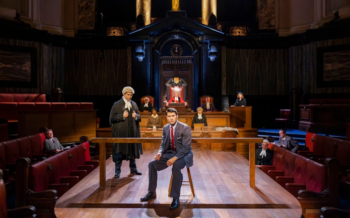 Cast of "Witness for the Prosecution" in courtroom scene, West End show.