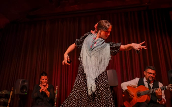 Flamenco dancer performing at Palau Dalmases with guitarist and singer.