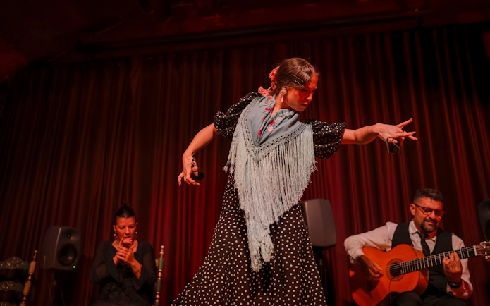 Flamenco dancer performing at Palau Dalmases with guitarist and singer.