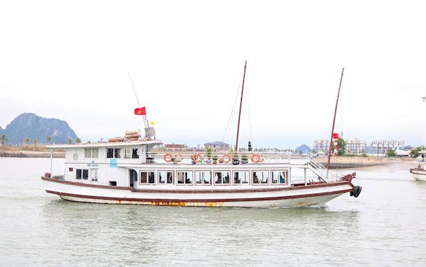 Dragonfly Standard Cruise boat on Halong Bay with Vietnamese flag.