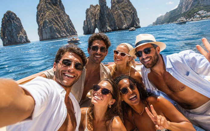 Group enjoying Capri boat tour with Faraglioni rocks in background.