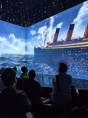 Visitors watching Titanic projection at immersive exhibit in Utrecht.