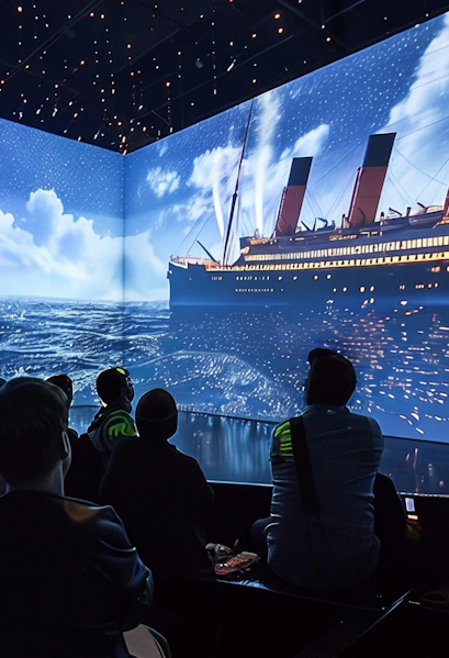 Visitors watching Titanic projection at immersive exhibit in Utrecht.