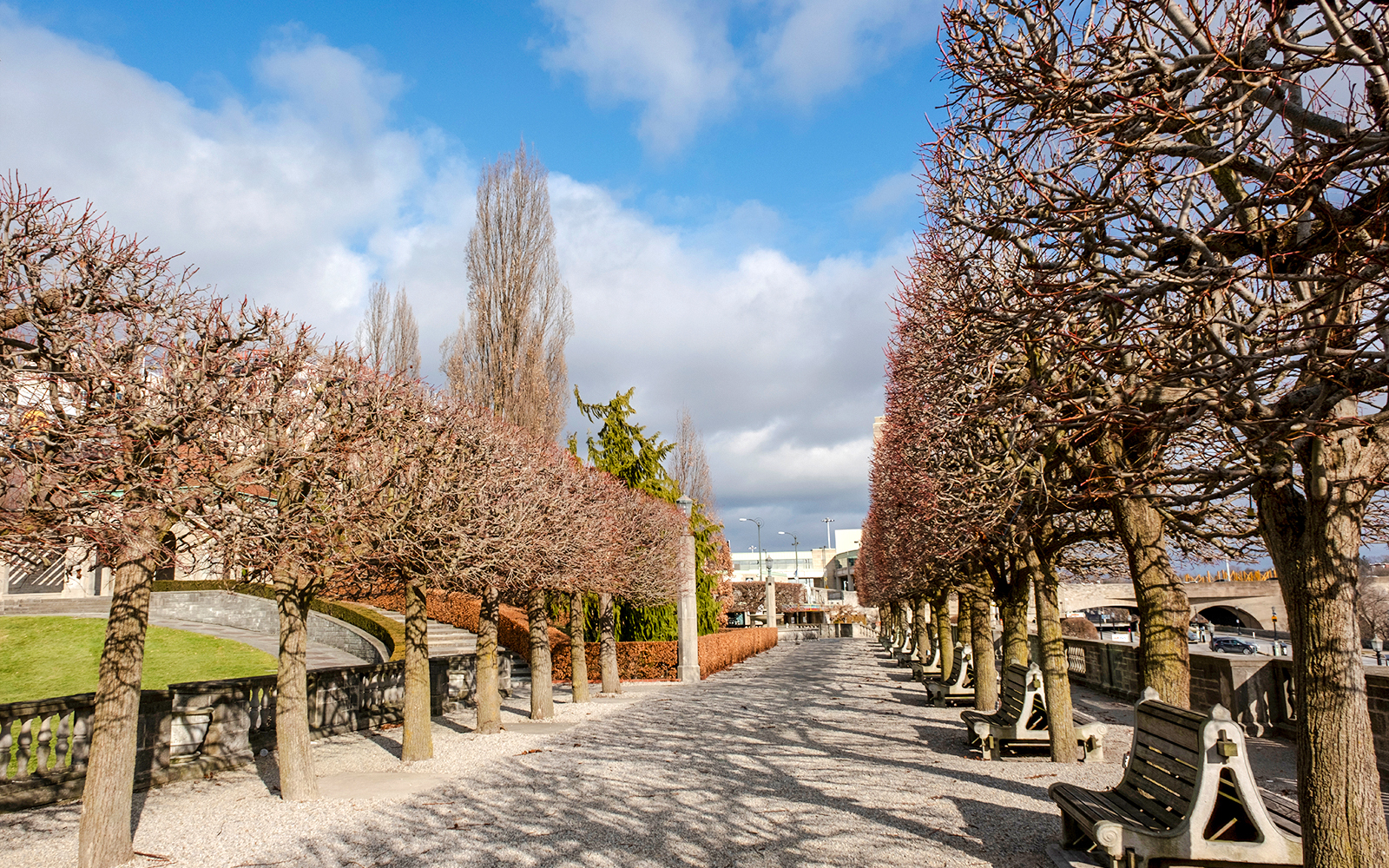 Tree-lined pathway at Oakes Garden Theatre, Niagara Falls, Canada.