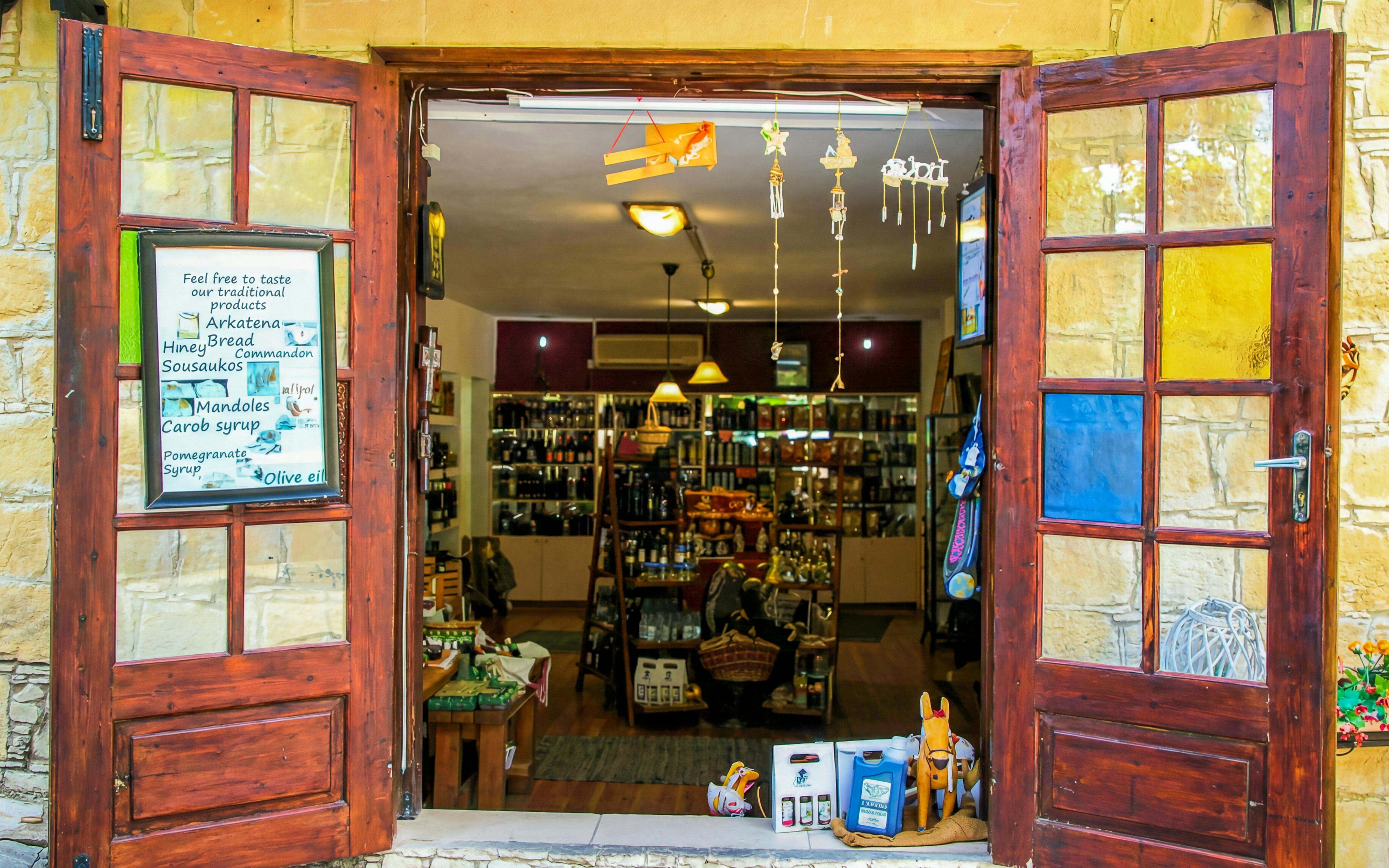 Traditional shop entrance with local products in Troodos, Cyprus.