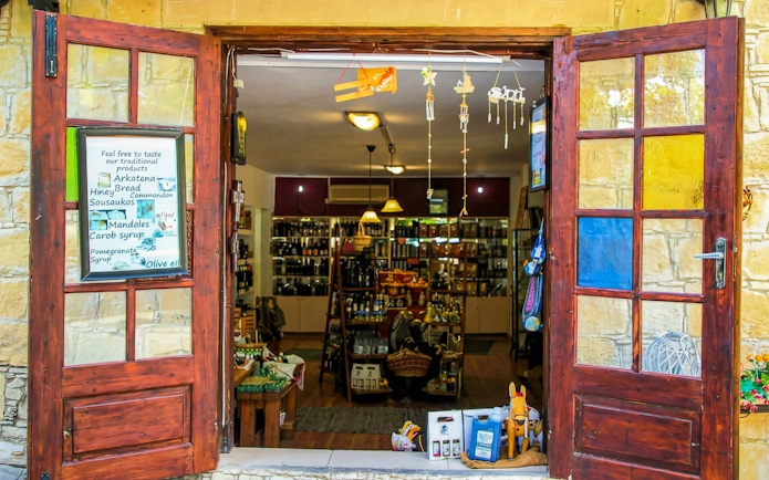 Traditional shop entrance with local products in Troodos, Cyprus.