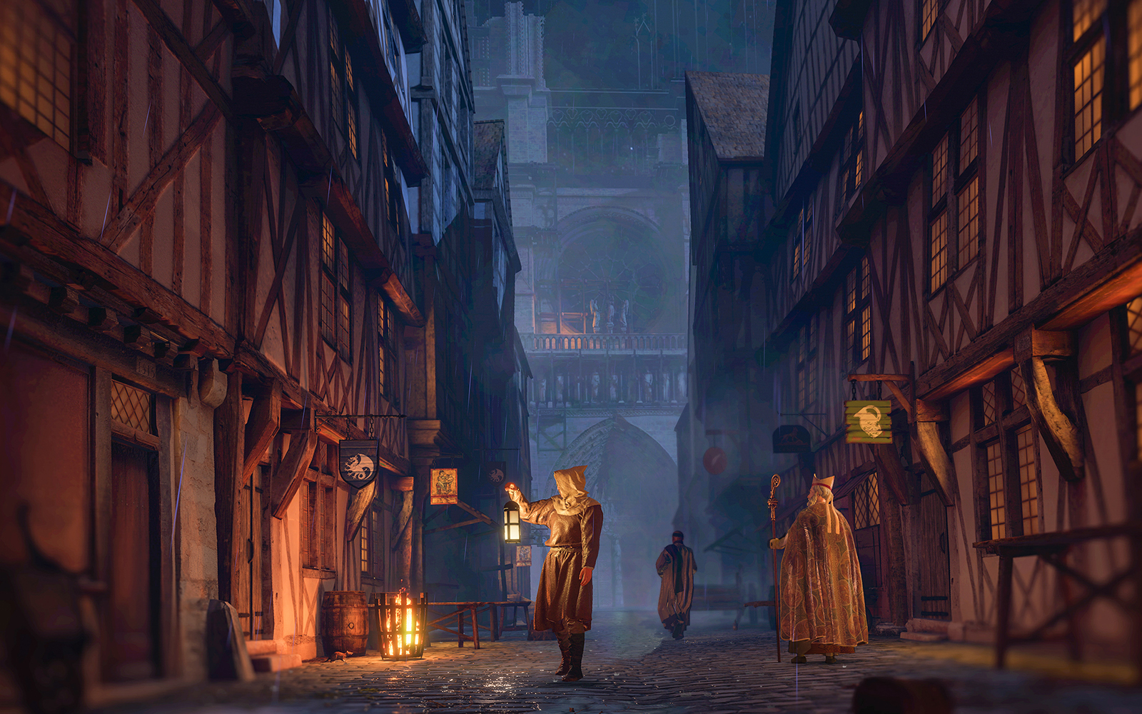 Medieval street scene with figures holding lanterns, Notre-Dame Cathedral visible in the background.