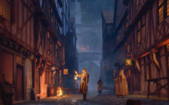 Medieval street scene with figures holding lanterns, Notre-Dame Cathedral visible in the background.