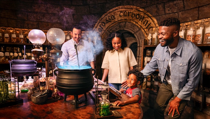 Family enjoying potion-making experience at Warner Bros. Studios Hollywood.
