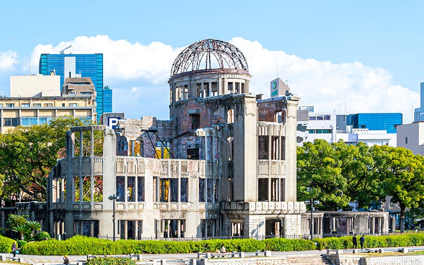 Hiroshima skyline view from Orizuru Tower with Peace Memorial Park in the foreground.