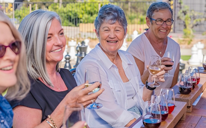 Group enjoying wine tasting on Sunshine Coast Hinterland tour.