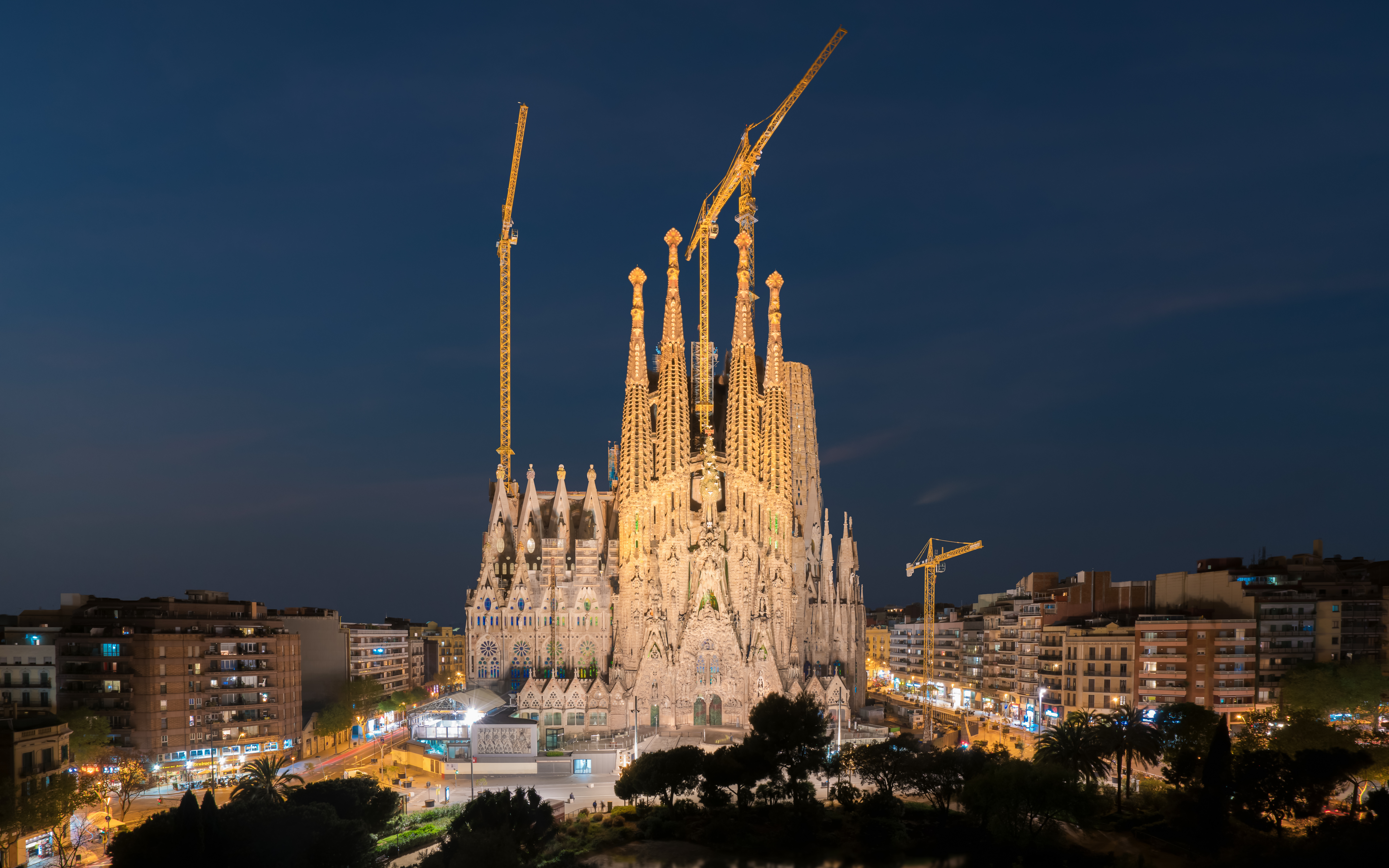 Night view of the Sagrada Familia, a large Roman Catholic church in Barcelona