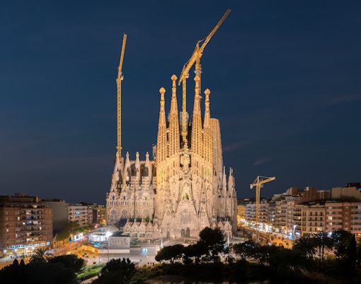 Night view of the Sagrada Familia, a large Roman Catholic church in Barcelona
