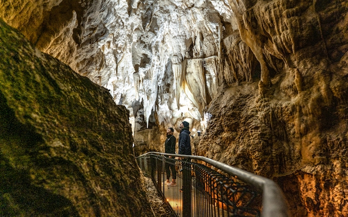 Visitors exploring stalactites in Ruakuri Cave, New Zealand.