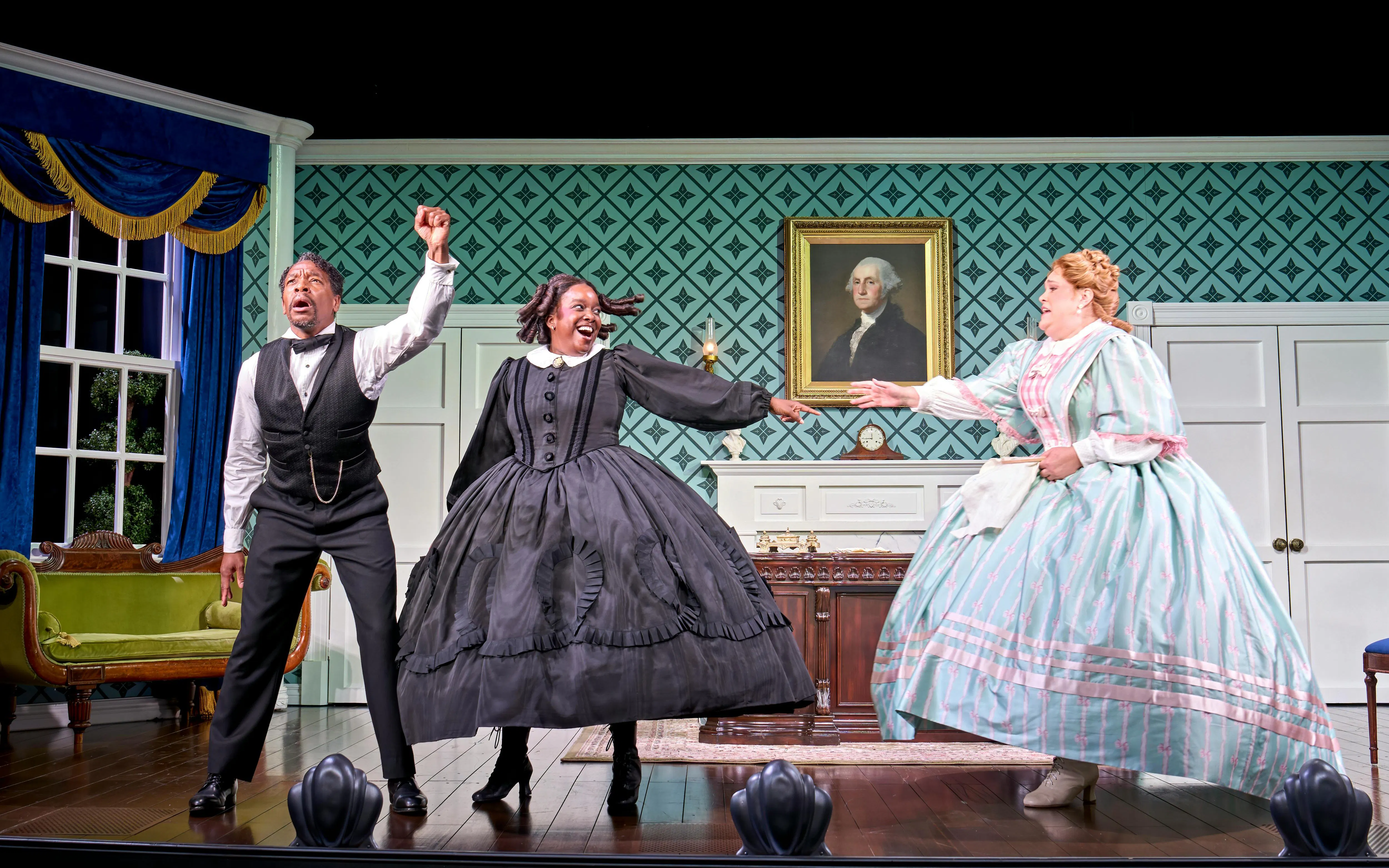 Actors performing a lively scene in "Oh Mary" at a West End theater.