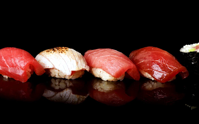Sushi assortment with nigiri and maki on Tokyo Omakase Sushi & A5 Wagyu Foodie Tour in Shinjuku.