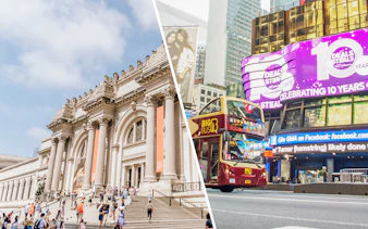 Metropolitan Museum entrance and New York City hop-on hop-off bus in Times Square.