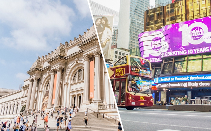 Metropolitan Museum entrance and New York City hop-on hop-off bus in Times Square.