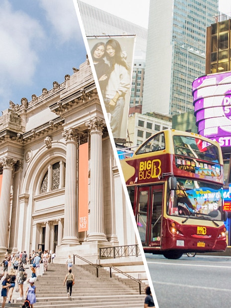 Metropolitan Museum entrance and New York City hop-on hop-off bus in Times Square.