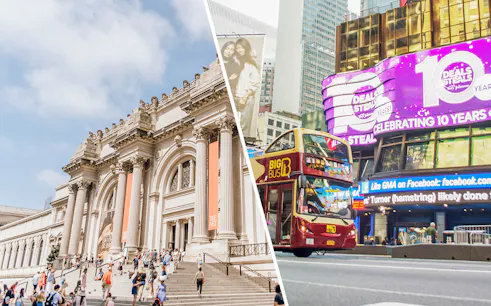 Metropolitan Museum entrance and New York City hop-on hop-off bus in Times Square.