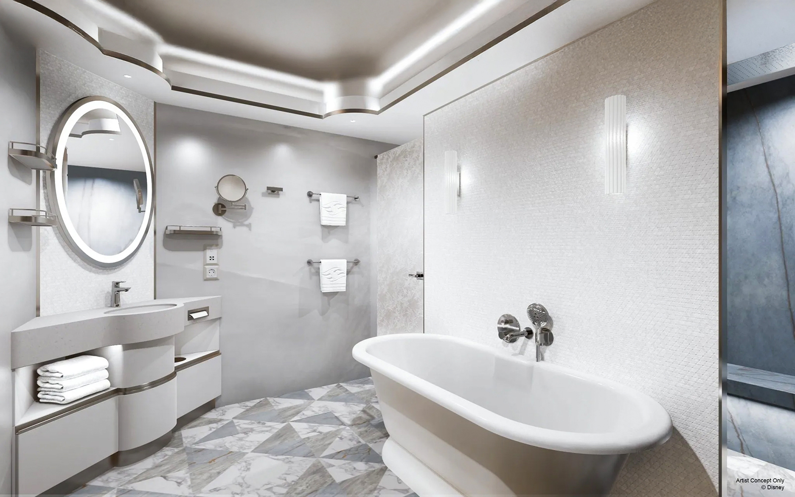 Luxurious bathroom in Concierge Royal Suite, Disney Adventure Cruise.