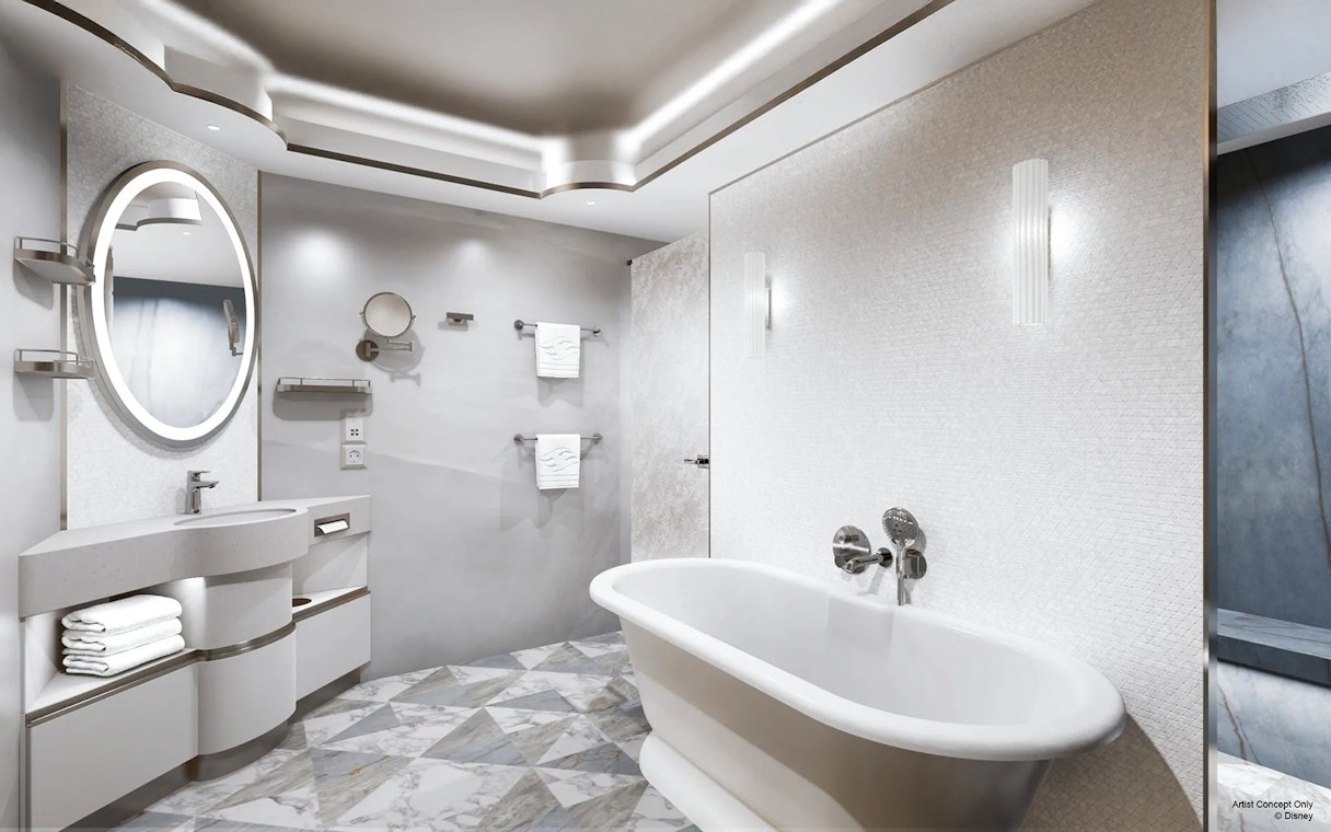 Luxurious bathroom in Concierge Royal Suite, Disney Adventure Cruise.