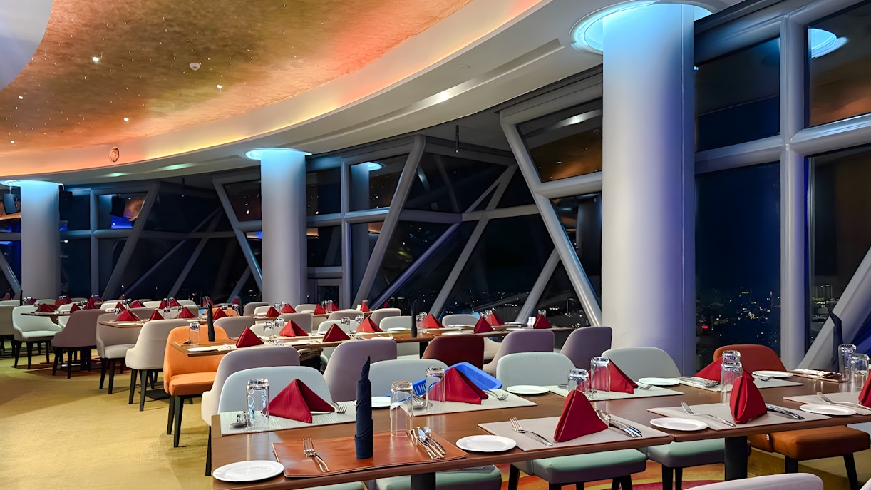 Dining at Orbit Revolving Restaurant with panoramic views of Kuala Lumpur Malaysia