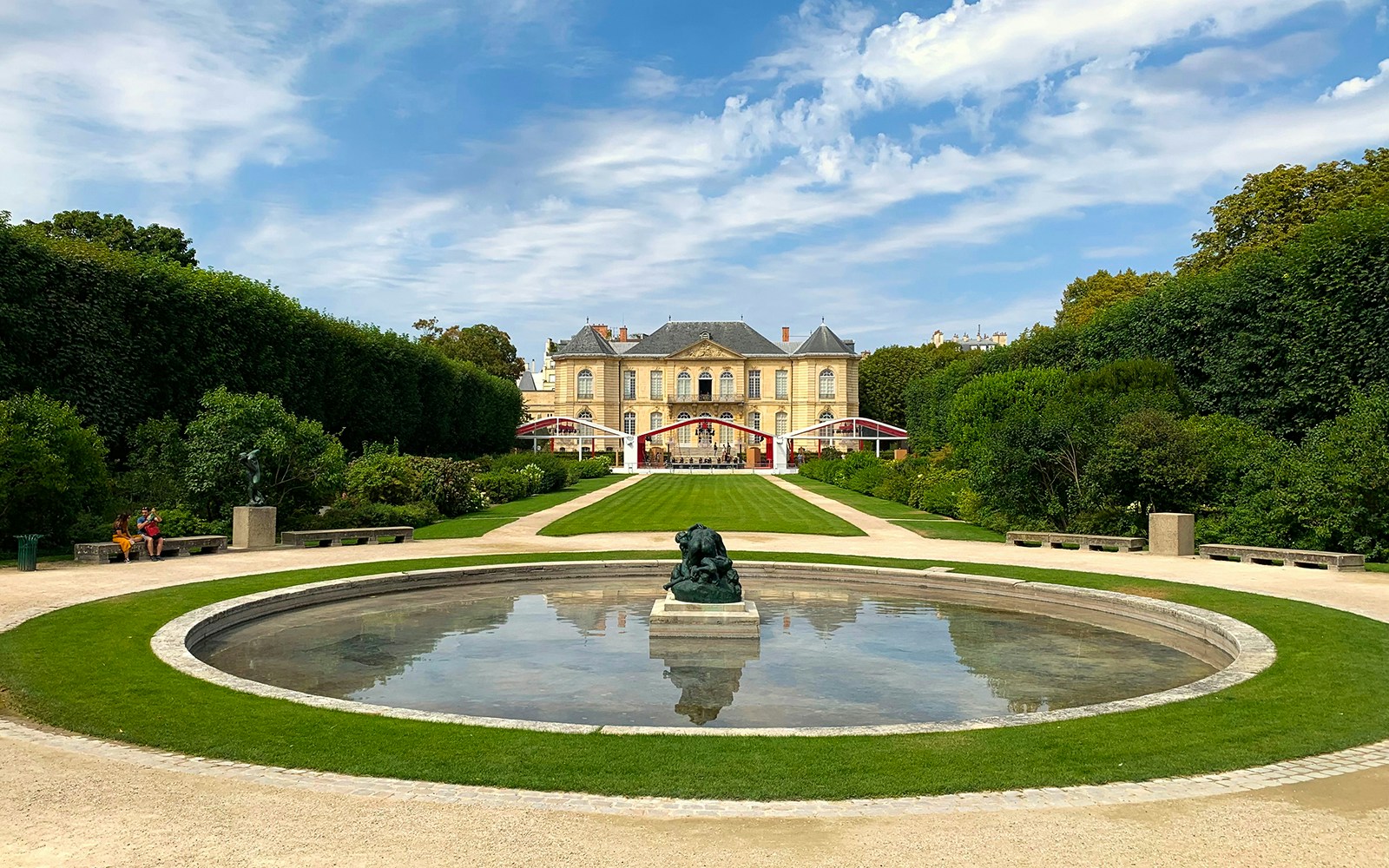 Rodin Museum garden with sculpture and mansion in Paris, France.