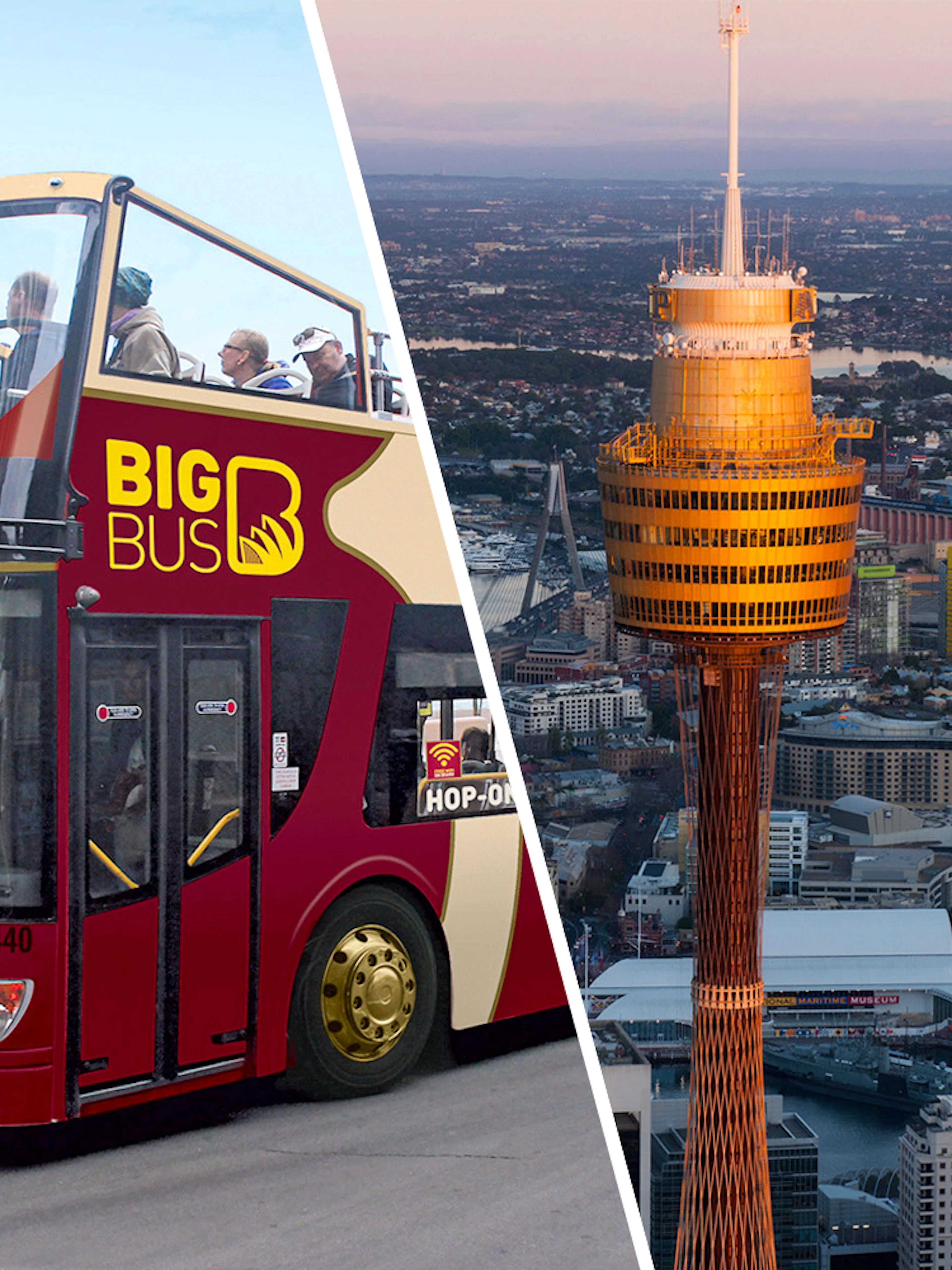 Big Bus Sydney tour near Sydney Harbour Bridge and Sydney Tower Eye at sunset.