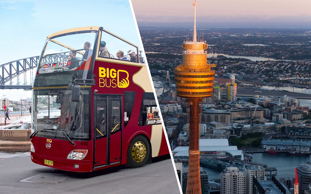 Big Bus Sydney tour near Sydney Harbour Bridge and Sydney Tower Eye at sunset.