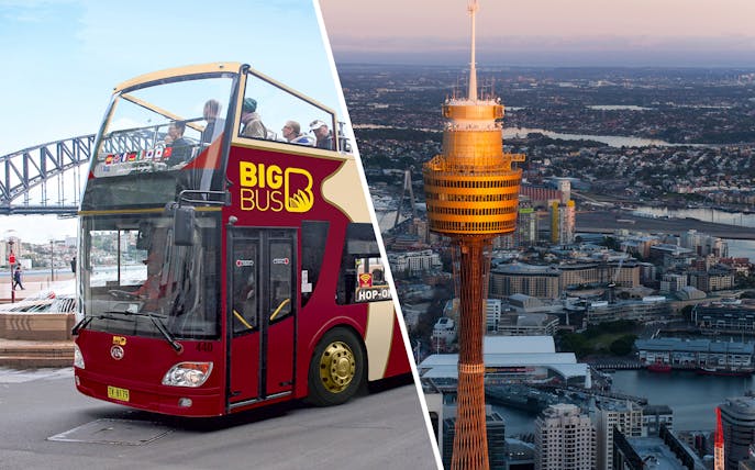 Big Bus Sydney tour near Sydney Harbour Bridge and Sydney Tower Eye at sunset.