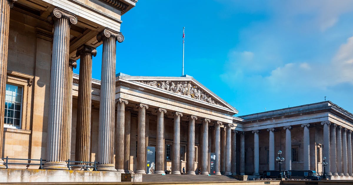 British Museum's neoclassical facade with columns in London, UK.