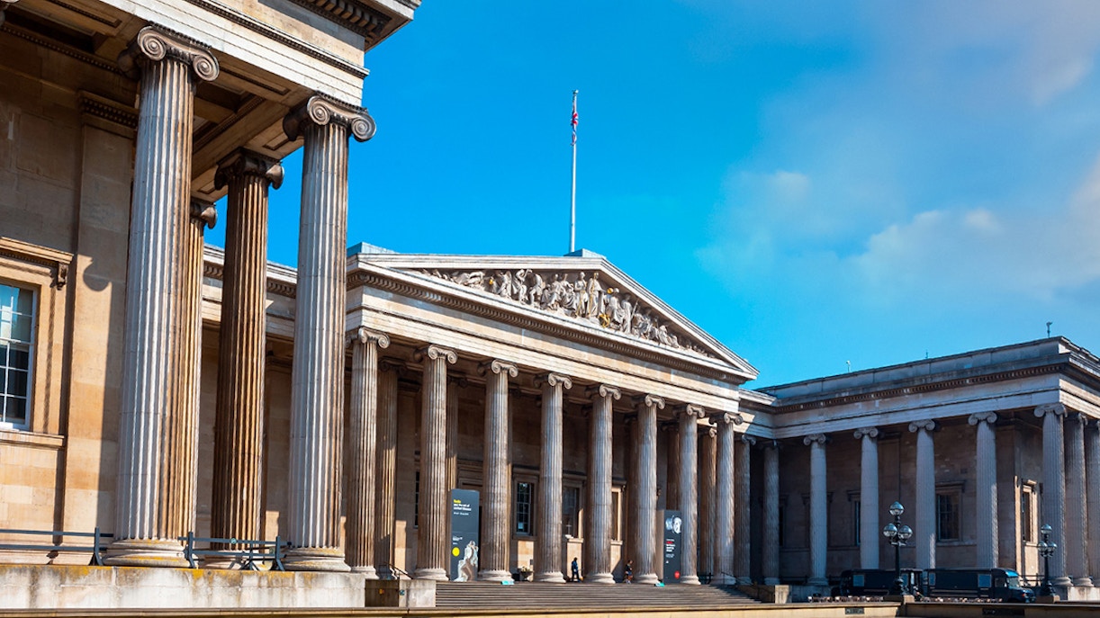 British Museum's neoclassical facade with columns in London, UK.