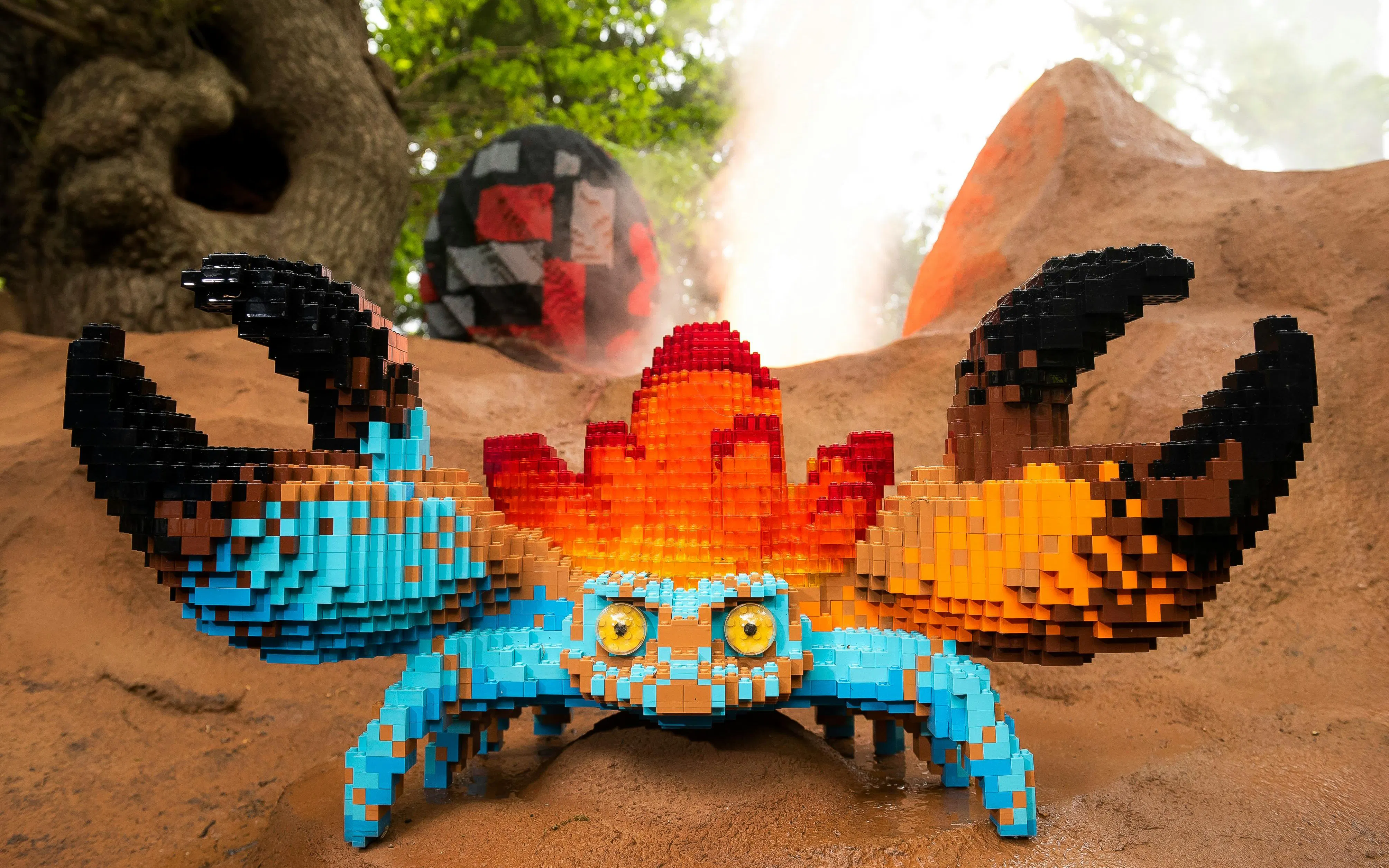 Lego crab sculpture at Legoland Windsor with colorful blocks and natural backdrop.
