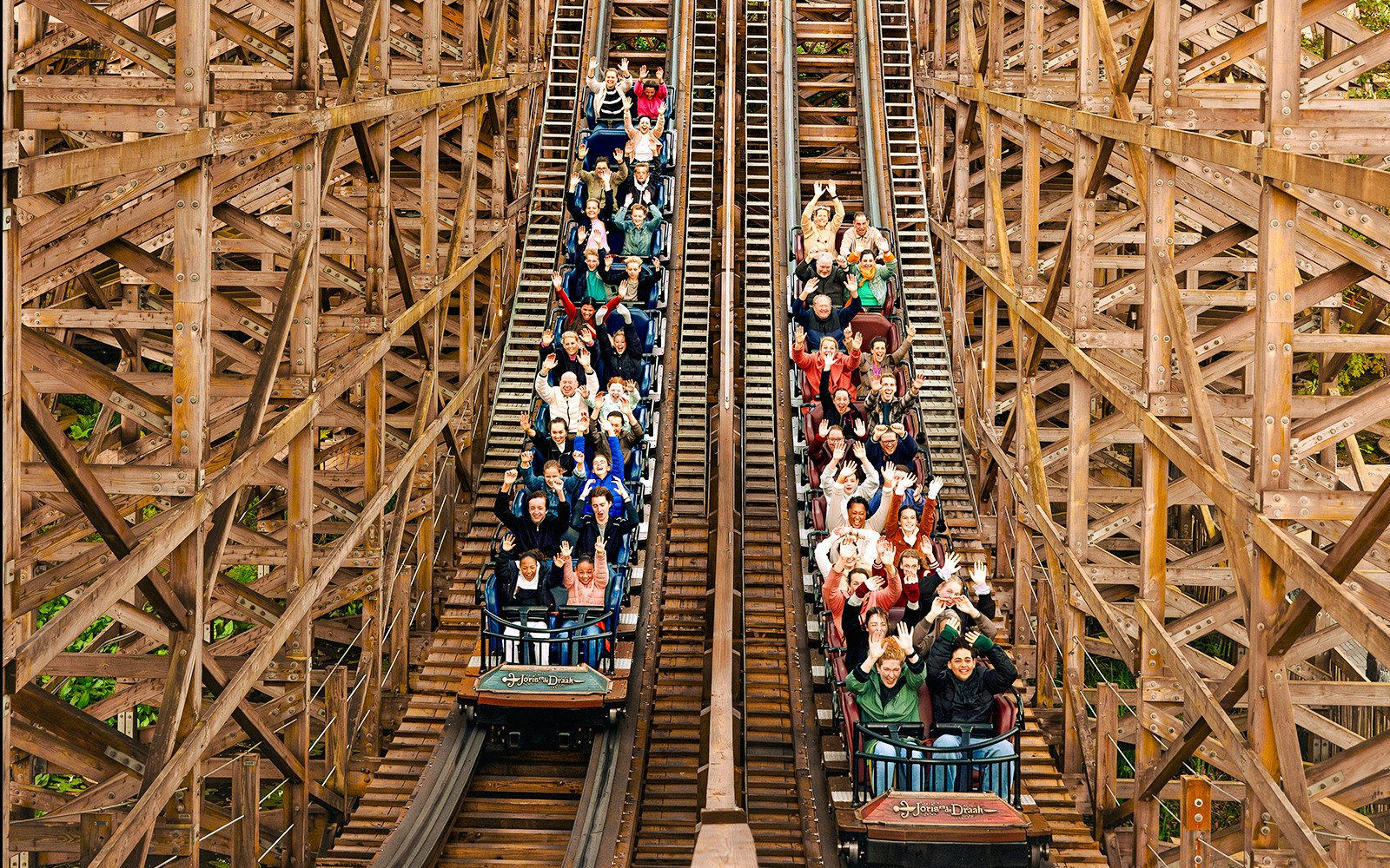 Visitors on a wooden rollercoaster at Efteling Theme Park, Netherlands.